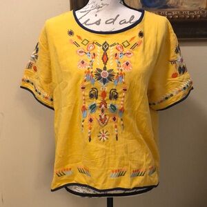 Embroidered with navy piping short sleeve poly lightweight bohemian top